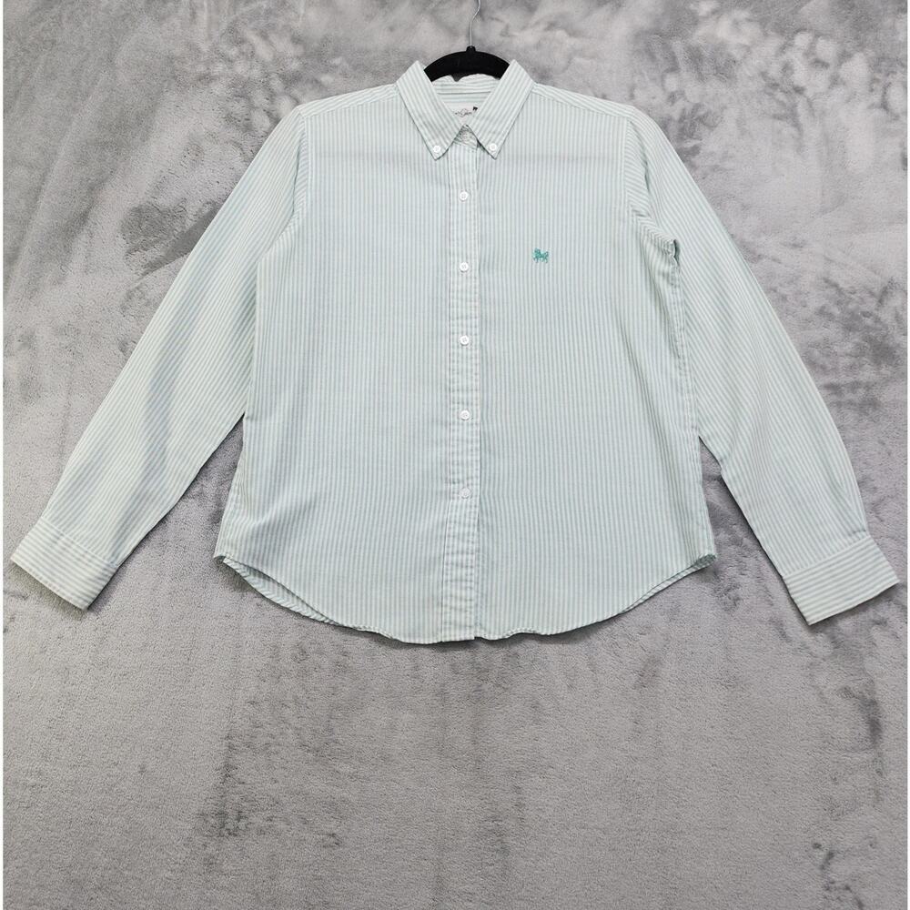 Vintage 80s Hunter's Glen Shirt Womens Size 10 Green White Striped Button Down‎